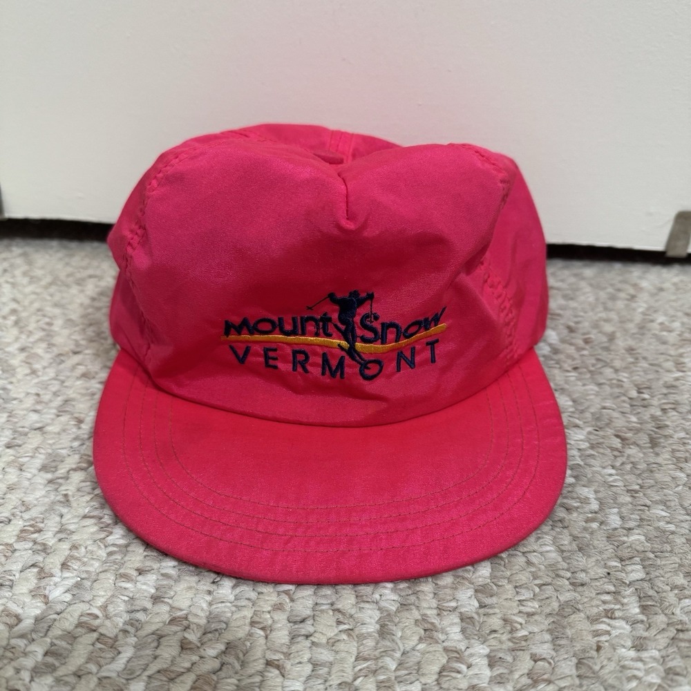 Vintage 80's Mount Snow Vermont Ski Hat Red Snapback Nylon Hot Pink Made In USA